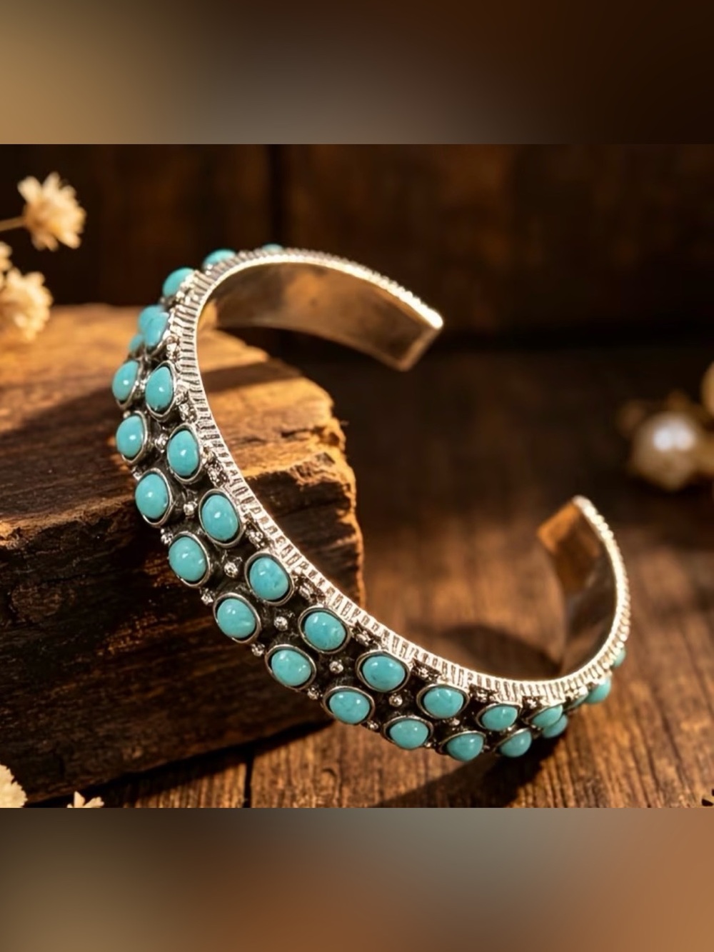 Western Bracelet Turquoise Stone Silver-Plate Cuff Bracelet - Women Jewelry